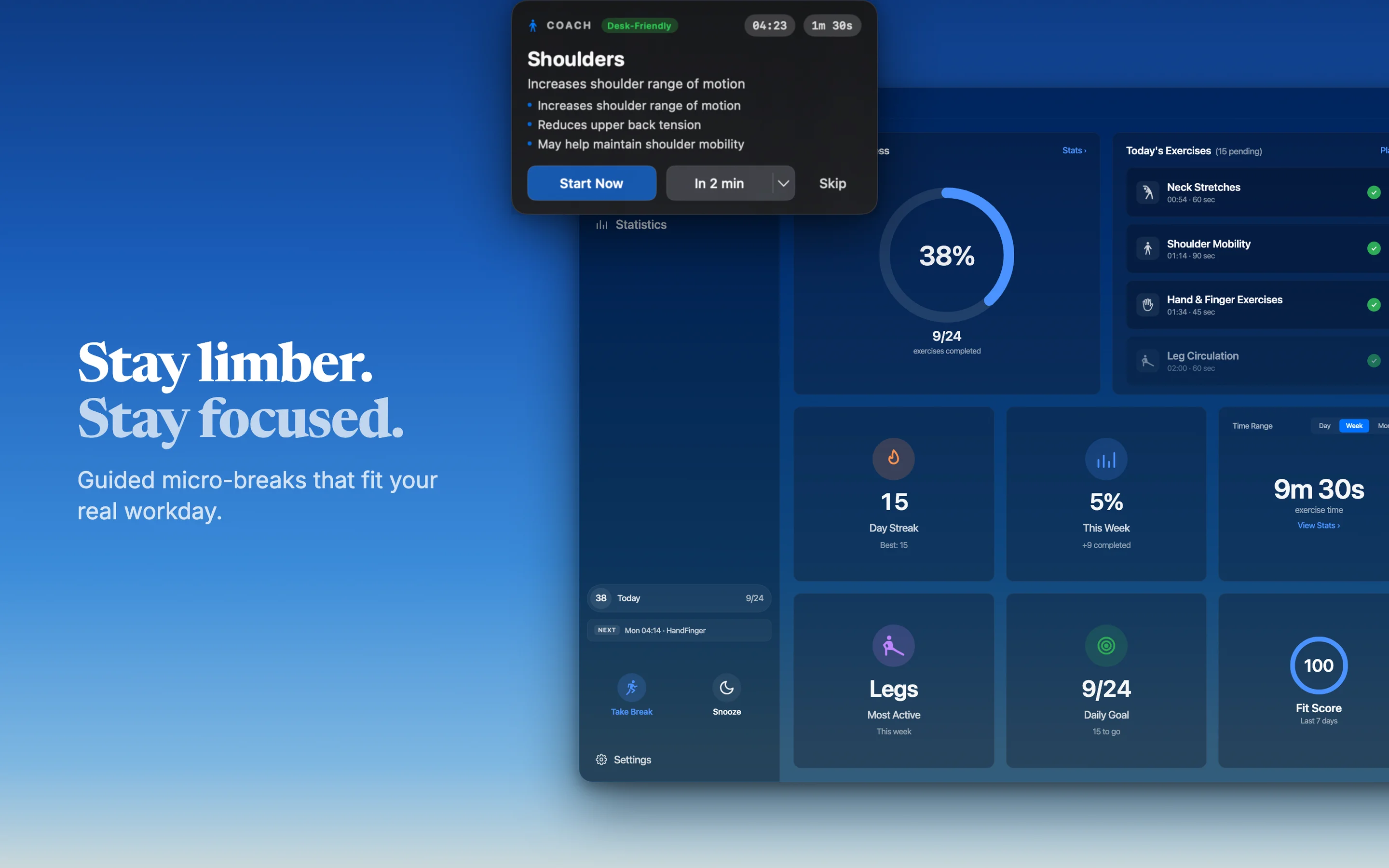 60sReset app showing guided desk exercises with smart reminders and progress tracking